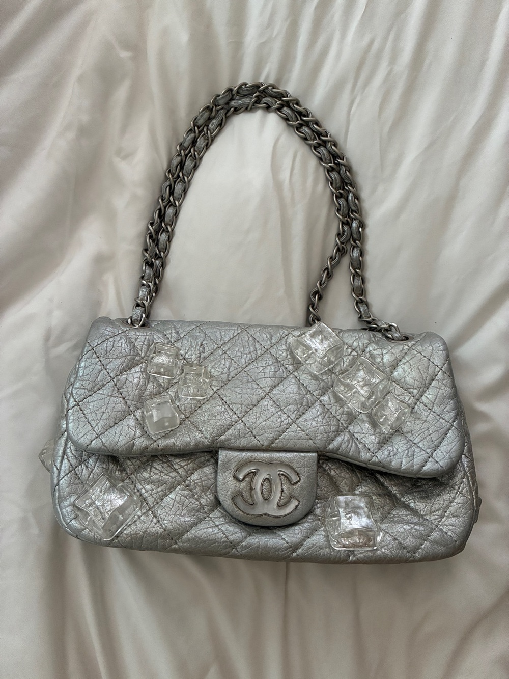 Chanel Silver Quilted Shoulder Bag ice cube 🧊 jumbo